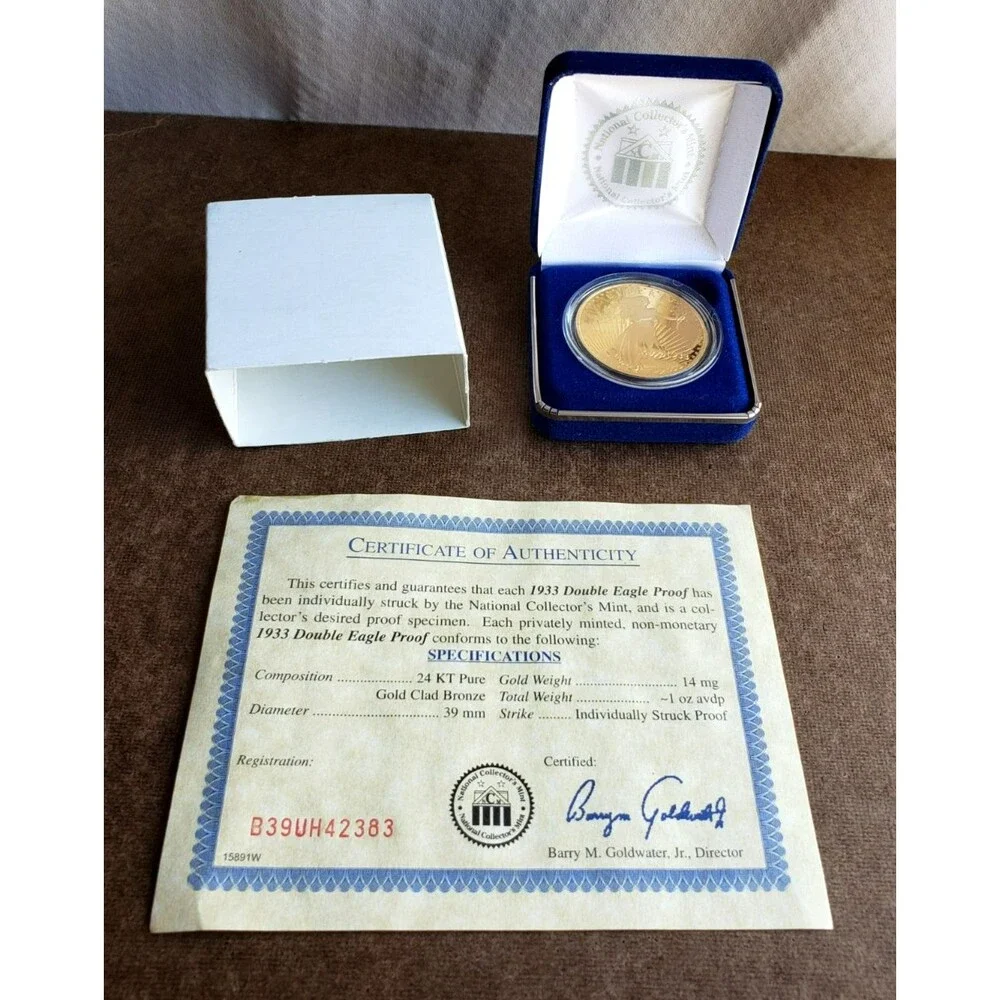 1933 DOUBLE EAGLE PROOF GOLD Clad Bronze 1oz Medal National Collectors MINT COA